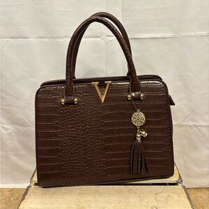 Grossi Brown Croc Embossed Satchel Gold V Accent Faux Leather Handbag